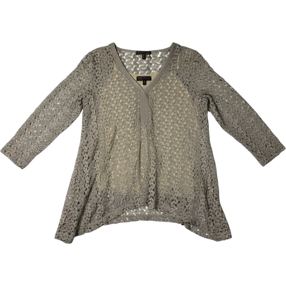 Picadilly Fashions Blouse Silver Metallic Crochet Studded V Neck Medium Women